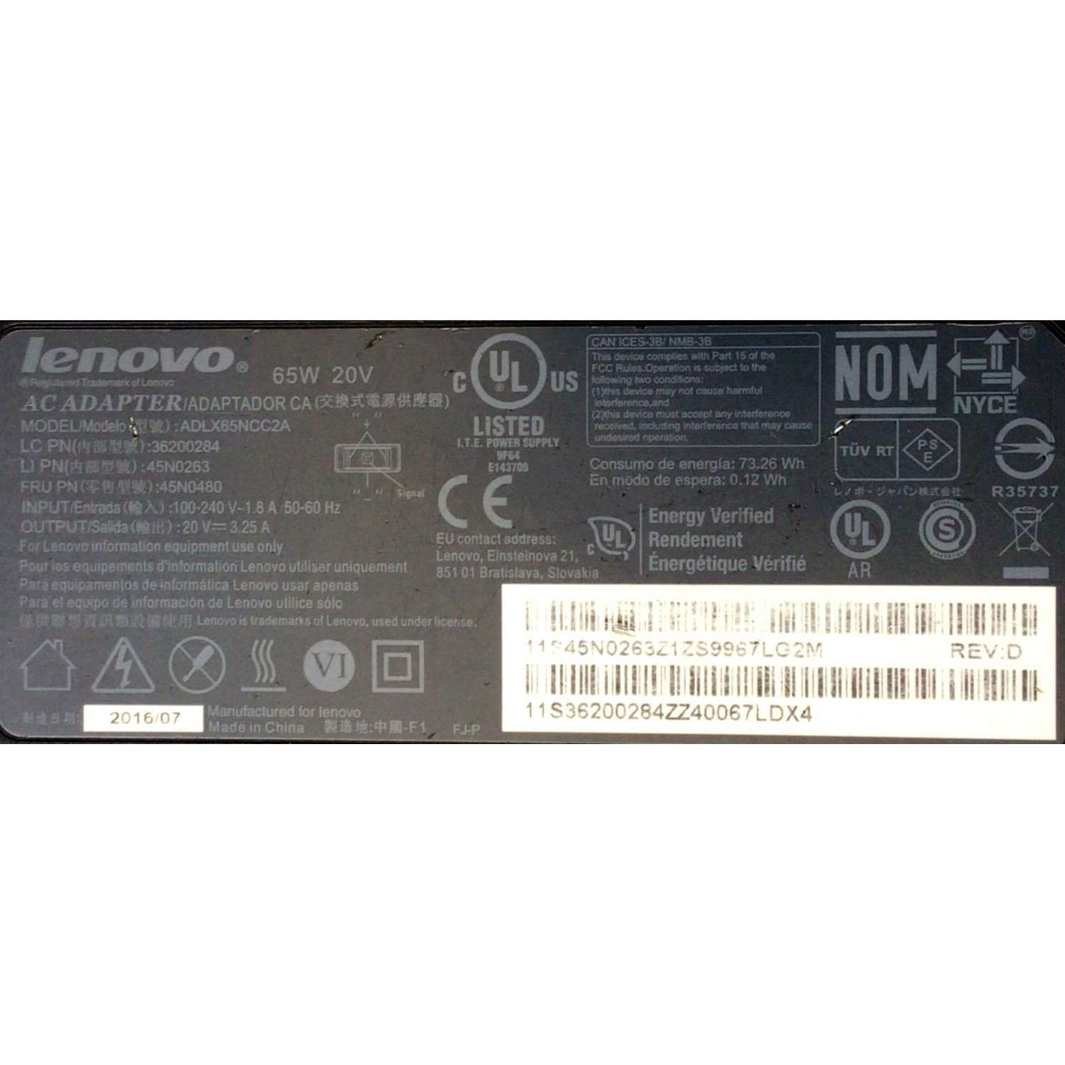 CARGADOR / ADAPTADOR DE FUENTE DE ALIMENTACION LENOVO / NUMERO DE PARTE ADLX65NCC2A / 36200284 / 45N0263 / 45N0480 / 73.26WH / 0.12WH / ENTRADA VCA 100-240V~1.8A / 50-60HZ / SALIDA VCD 20V⎓3.25A / MODELO ADLX65NCC2A - Imagen 4